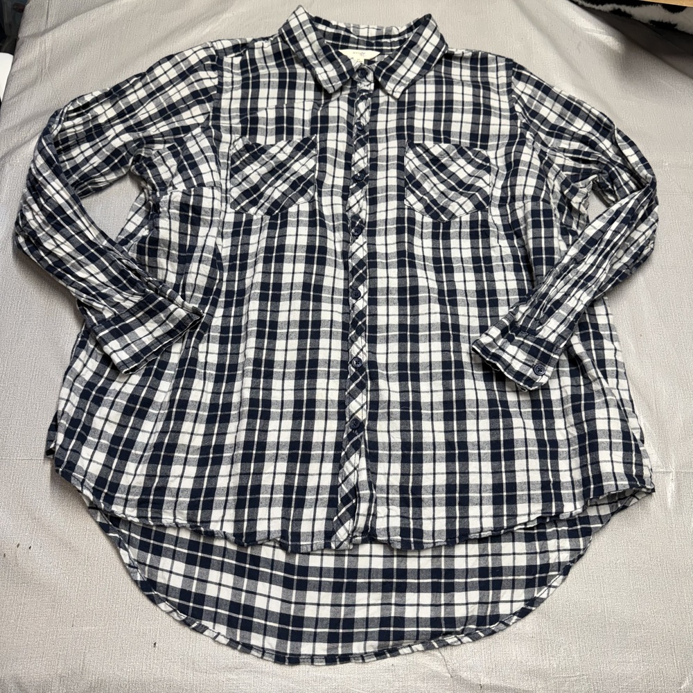 Terra Sky Plaid Flannel Shirt Womens 1X Navy Button Down